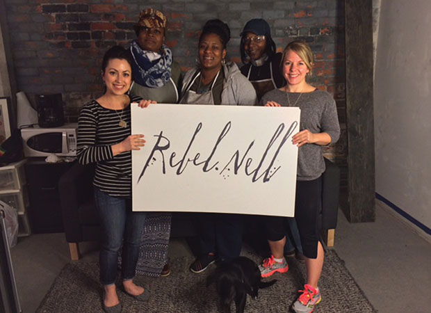 Rebel Nell Jewelry; Amy Peterson, right, with co-founder Diana Russell, left, and their Rebel Nell employees