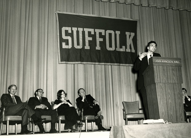Ralph Nader speaking to a Suffolk audience in 1972 in John Hancock Hall