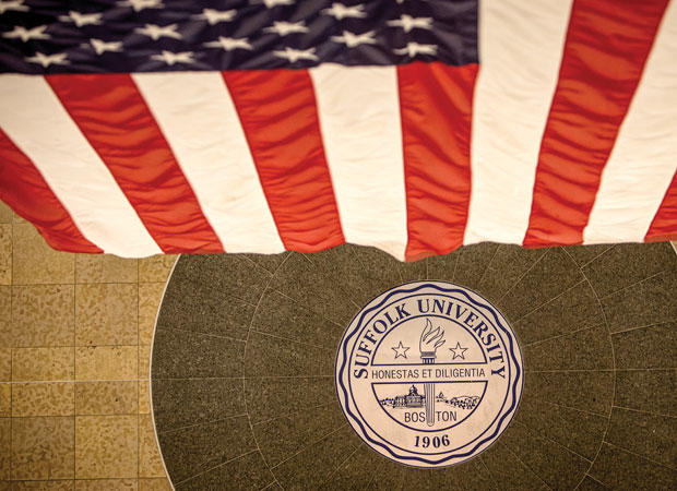 American flag and Suffolk seal