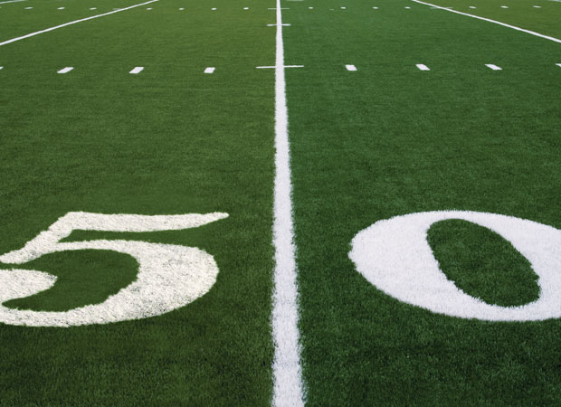 Photo of 50-yard line on a football field