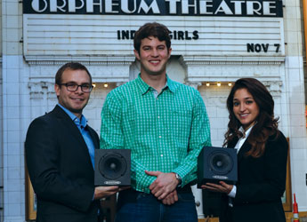 IP Clinic alumni Devon Ramsdell JD ’16 (left) and Jessica Gonzalez JD ’16 (right) with Auratone’s Alex Jacobsen (center)