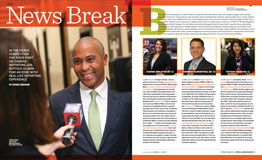 Photo from Spring/Summer issue of Deval Patrick being interviewed by a Suffolk student